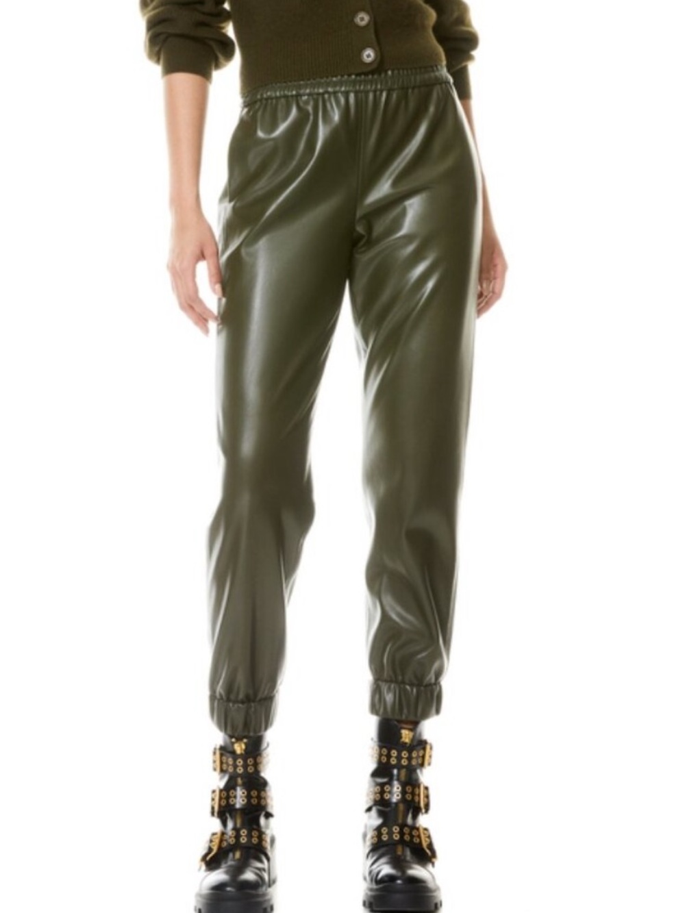Alice + Olivia Pete Vegan Leather Jogger Pants Olive Green Size XS